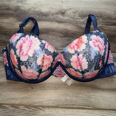 PINK Victorias Secret 36DD Date Push Up Bra Padded Lace Floral Blue Coral Blue - Image 1 of 4
