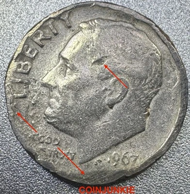 Moneda de diez centavos Roosevelt 1967 - clips rahged - strike throughs - moneda de diez centavos única - errores como nueva Foto 1 de 2