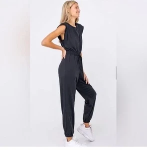 NEW Pact Organic Cotton Black Relaxed Muscle Tee Jogger Jumpsuit with Pockets - Picture 1 of 8