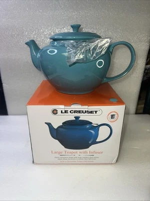 Le Creuset Stoneware Large Round 44 oz Teapot w/ Infuser Turquoise Blue NEW - Image 1 of 4