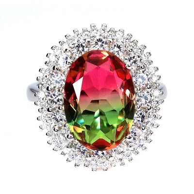 925 Sterling Silver Ring Oval Synthetic Tourmaline Watermelon 14x10mm Gemstone - Image 1 of 4