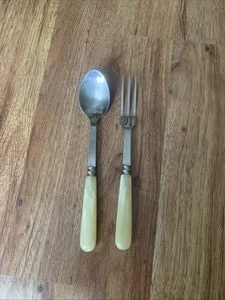 Jean Dubost Bistro Serving Spoon & Fork Ivory Handle Stainless Flatware France - Picture 1 of 6