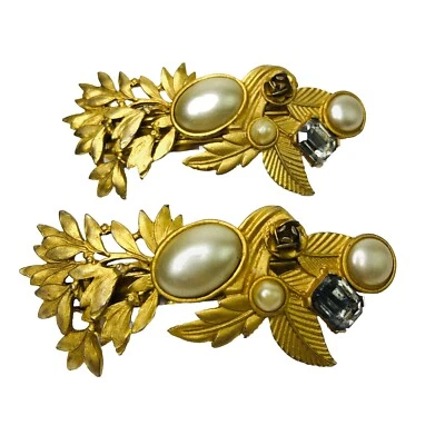 Vtg French Barrette Women's Metal Hair Clip Rhinestone Faux Pearl Flower France - Image 1 of 4