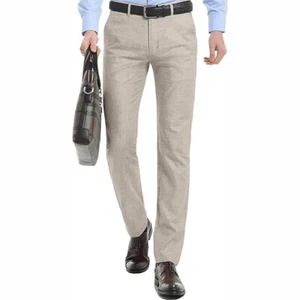Pantalones de vestir para hombre hechos a medida transpirables beige lino algodón calce ajustado diseñador - Imagen 1 de 2