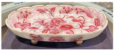 Pink Primrose Chinese Porcelain Elongated Tray. Bronze Feet. Hand Painted-8”L - Image 1 of 4