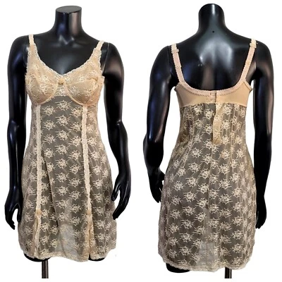 Lencería sin cordones puntiaguda vintage años 60 LOU Francia 36C beige encaje quimise Foto 1 de 4