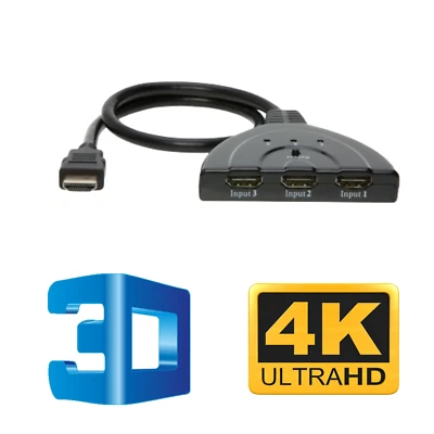3 Port HDMI Switch HDMI Splitter Hub 3 in 1 Out Cable 4K 3D HD 1080P Xbox PS4 - Image 1 of 4