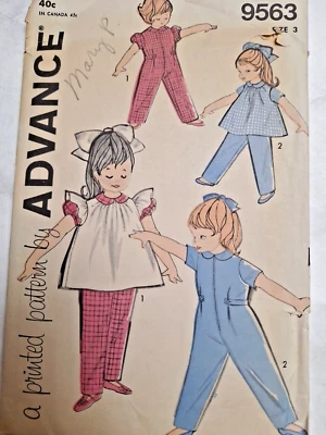 Coveralls Jumpsuit Pinafore Dress Girls 3 3T Advance 9563 Sewing Pattern Cut VTG - Image 1 of 4