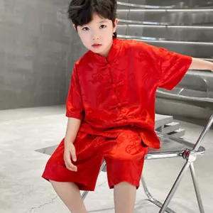 Boys Outfit Chinese Satin Top Shorts Set Soft Loose Tang Suit Frog Button Summer - Picture 1 of 14