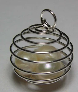 #16 Asia 100% Natural 3 Undrilled RawRough Pearl Crystals in Spiral Cage Pendant - Picture 1 of 3