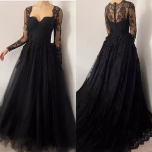 Gothic Black Wedding Dresses Long Sleeve Illusion Vintage Bridal Gown Custom - Picture 1 of 9