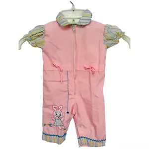 Vintage Baby Soft Pink Pastel Bunny Easter Embroidered Buttoned Suit Jumpsuit - Picture 1 of 6