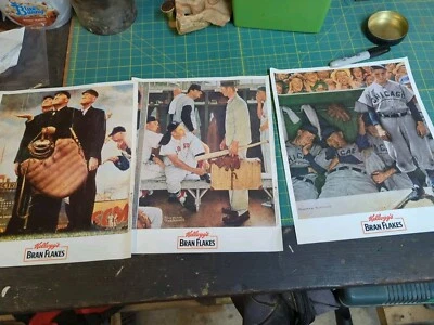 Vintage Kelloggs Bran Flakes Norman Rockwell Baseball Posters Set of 3  - Image 1 of 4