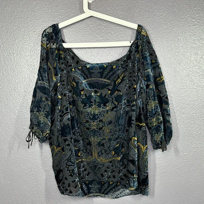 Top Dalia Hombro Descubierto Terciopelo Bruja Burnout Hombro Descubierto Negro Azul Dorado Talla XL Foto 1 de 4