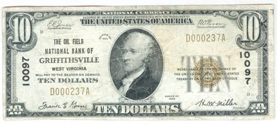Billete de 10 dólares NAT'L 1929 - GRIFFITHSVILLE, WV - FR#S-2089 - JONES & WOODS-F+ Foto 1 de 2