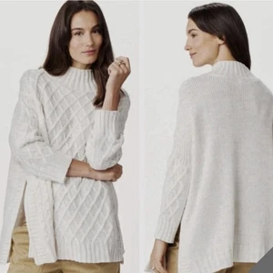 Mer Sea Lisbon Traveler Lattice Mock Neck Sweater OS Ivory Knit Poncho Fisherman - Picture 1 of 8