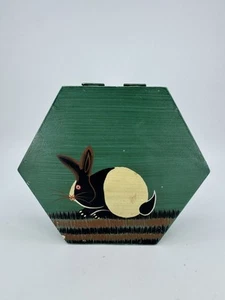 Wonderful Folk Art Hand Painted Black Rabbit Trinket Box Hexagon Wooden Box VTG - Picture 1 of 8