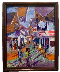 2025 Signed American Abstract Painting, Provincetown Mass “CUBIST PTOWN SCENE” - Picture 1 of 12