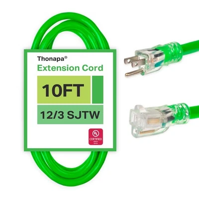 10 Ft Outdoor Extension Cord - 12/3 Heavy Duty Neon Green Cable - 3 Prong Plug - Image 1 of 4