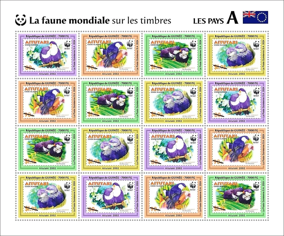 ANIMALES FAUNA Aitutaki aves estampillas en sellos WWF 16v hoja de sellos (2024 Guinea) Foto 1 de 1