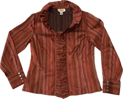TALBOTS Striped Dress Shirt Silk Cotton Ruffles Button-Up Long Sleeve Sz 4 Wine - Image 1 of 4