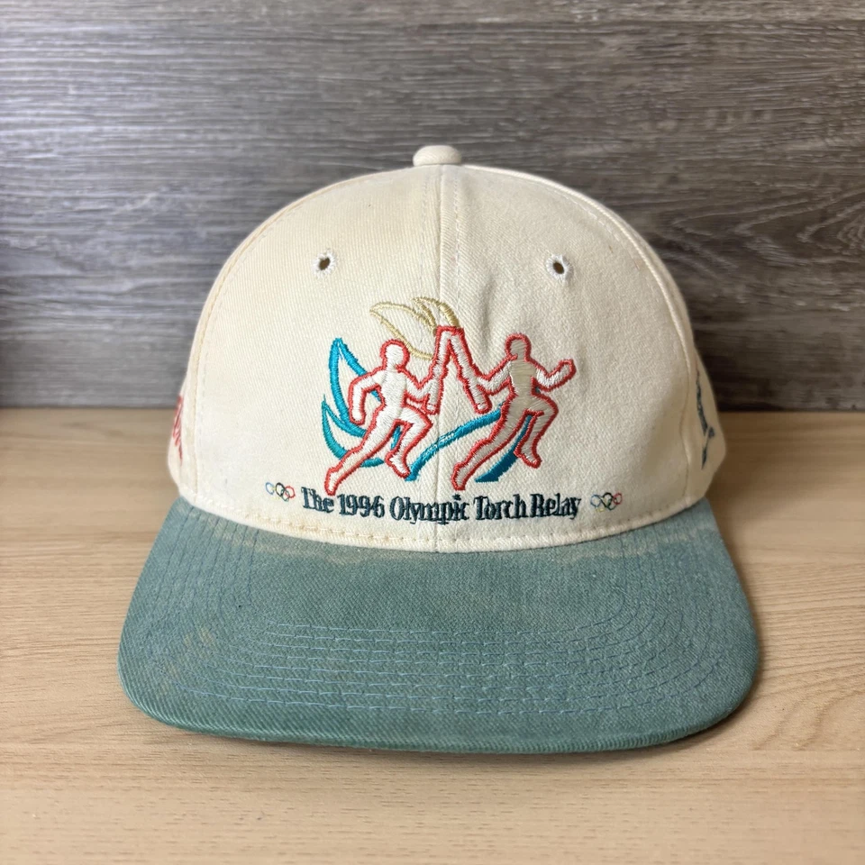 Gorra de relevo antorcha olímpica Atlanta 1996 vintage espalda a presión para hombre verde crema años 90 Foto 1 de 4