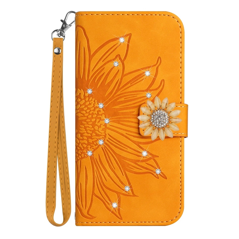Diamond Sunflower Flip Card Wallet Stand Case Cover Hand Strap For Various Phone - Image 1 of 4