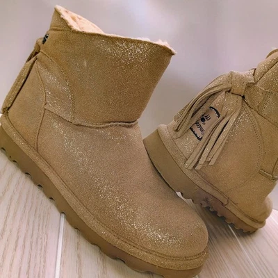BEAR PAW Natalia Mujer Tostado Gamuza Dorado Brillo Botas Con Borlas Talla 8 Lana Foto 1 de 4