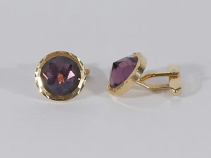 Vintage Gold Tone Round Cufflinks Purple Amethyst Glass Rhinestone 20mm - Picture 1 of 9