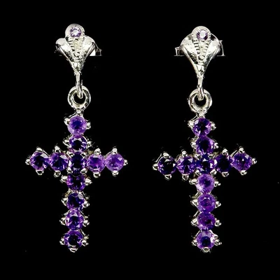 Pendientes de plata de ley 925 redondos amatista 2,5 mm cruz piedras preciosas naturales joyería Foto 1 de 4