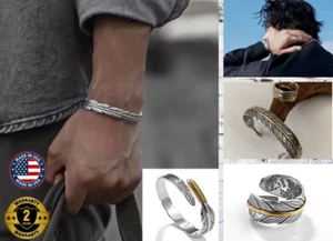 Brazalete de plumas de oro de plata esterlina 925 retro vintage para hombre + anillo abierto tendencia EE. UU. - Imagen 1 de 9
