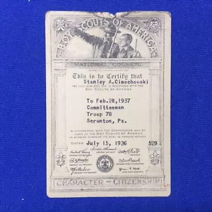 Tarjeta 244C3 Boy Scout 1936 Troop 70 Committeeman Scranton, PA - Imagen 1 de 3