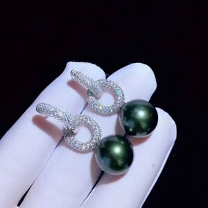 Charming AAAAA 9-10mm tahitian BLACK GREEN round pearl earring 925S