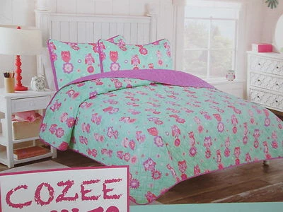  Cozee OWL & FLORAL Twin Quilt & Standard Sham Set ~ Aqua, Purple, Pink, Coral - Image 1 of 4