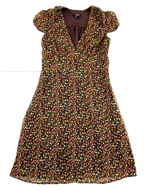 Vtg XOXO Brown Yellow Purple Green Floral V-Neck Short Sleeve Sun Dress Small - Image 1 of 4
