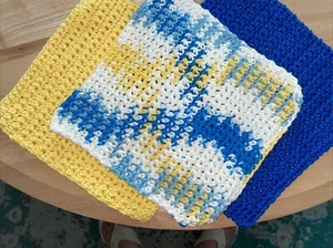 Handmade Cotton Crocheted Dishcloths Set Of 3 Yellow, Blue, And Multi - Picture 1 of 4