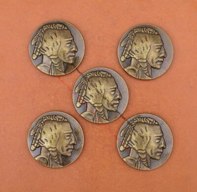 10X  BRASS BUFFALO NICKEL INDIAN HEAD LEATHERCRAFT SADDLE BRIDLE WALLET CONCHOS - Image 1 of 4