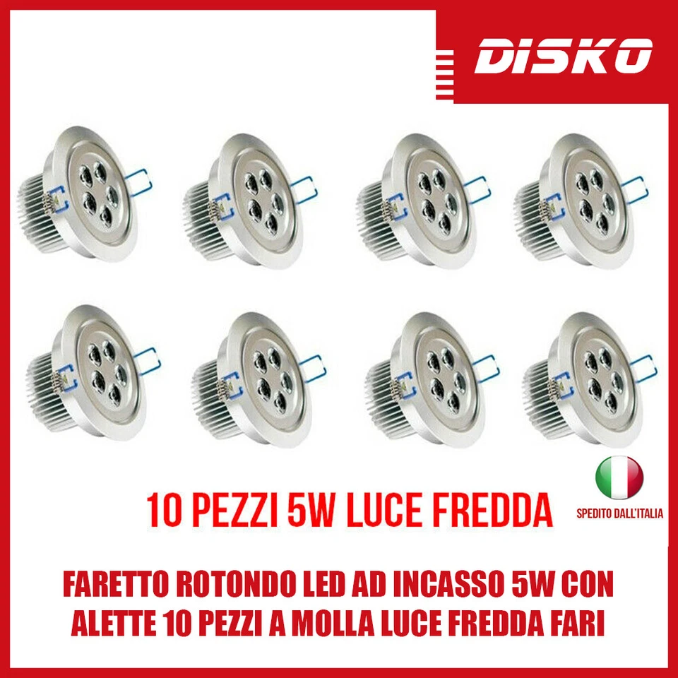 FARETTO ROTONDO LED AD INCASSO 5W CON ALETTE 10 PEZZI A MOLLA LUCE FREDDA FARI - Immagine 1 di 1