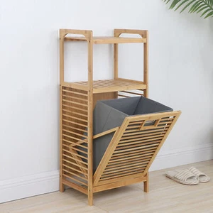 Bamboo Bathroom Laundry Hamper Cabinet Tilt Out Basket Storage with 2-Tier Shelf - Picture 1 of 24
