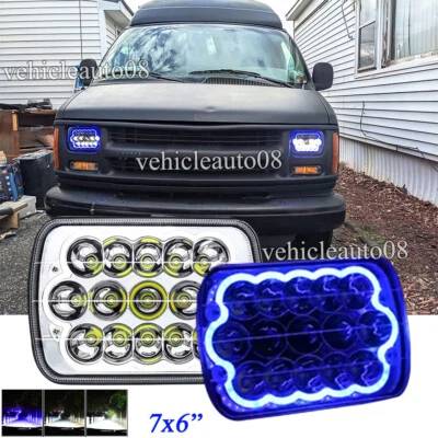 Pair Fit Chevy Express Cargo Van 1500 2500 3500 7x6 5x7 LED Headlights Blue Halo - Image 1 of 4