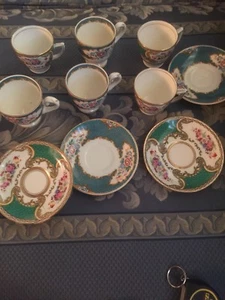 6 Demitasse Teetassen 4 Untertassen Staffordshire grün England - Bild 1 von 6