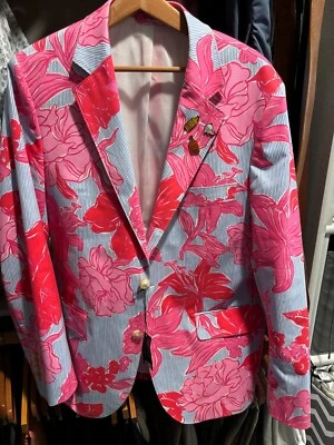 Мужская куртка Vineyard Vines Kentucky Derby Roses с цветочным рисунком 42R. Булавки для лацканов в комплекте - Изображение 1 из 4