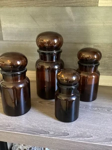 Vintage Belgium Bubble Top Brown/Amber Glass Apothecary 4 Jars - Picture 1 of 14
