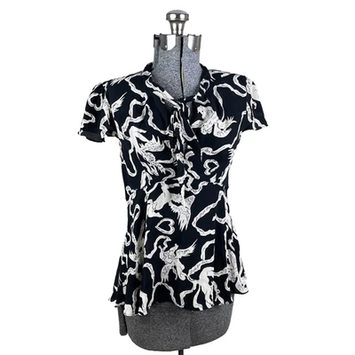 Blusa de Seda Diane Von Furstenberg Talla 8 Negra Blanca Cupido Cuello Corbata Fluida Foto 1 de 4