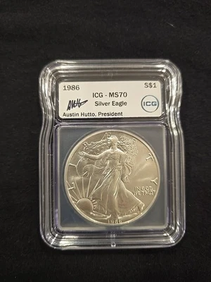 American Silver Eagle ICG MS70 1986 firmado Austin Hutto una onza de plata Foto 1 de 2