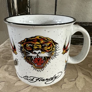 Ed Hardy White Ceramic Coffee Mug Tattoo Art Tiger Bulldog Hannya Shark 20oz NEW - Picture 1 of 6
