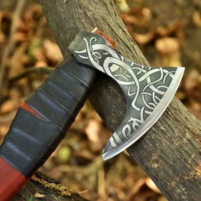 Handcrafted Damascus Steel Axe With Leather Wrapped Handle For Outdoor Use Gift - Image 1 of 4