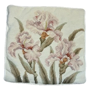 Vtg Floral Needlepoint Wool Pillow Cover Velvet Back Pink Irises 13” Cottagecore - Picture 1 of 14