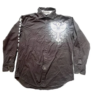 NWOT Victorious Men's Black  Embroidered Long Sleeve Collared Button Shirt Sz L - Picture 1 of 8