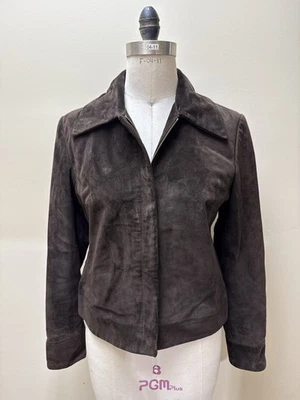 Jaqueta de couro Banana Republic camurça marrom tamanho P feminina couro genuíno com zíper frontal - Imagem 1 de 4